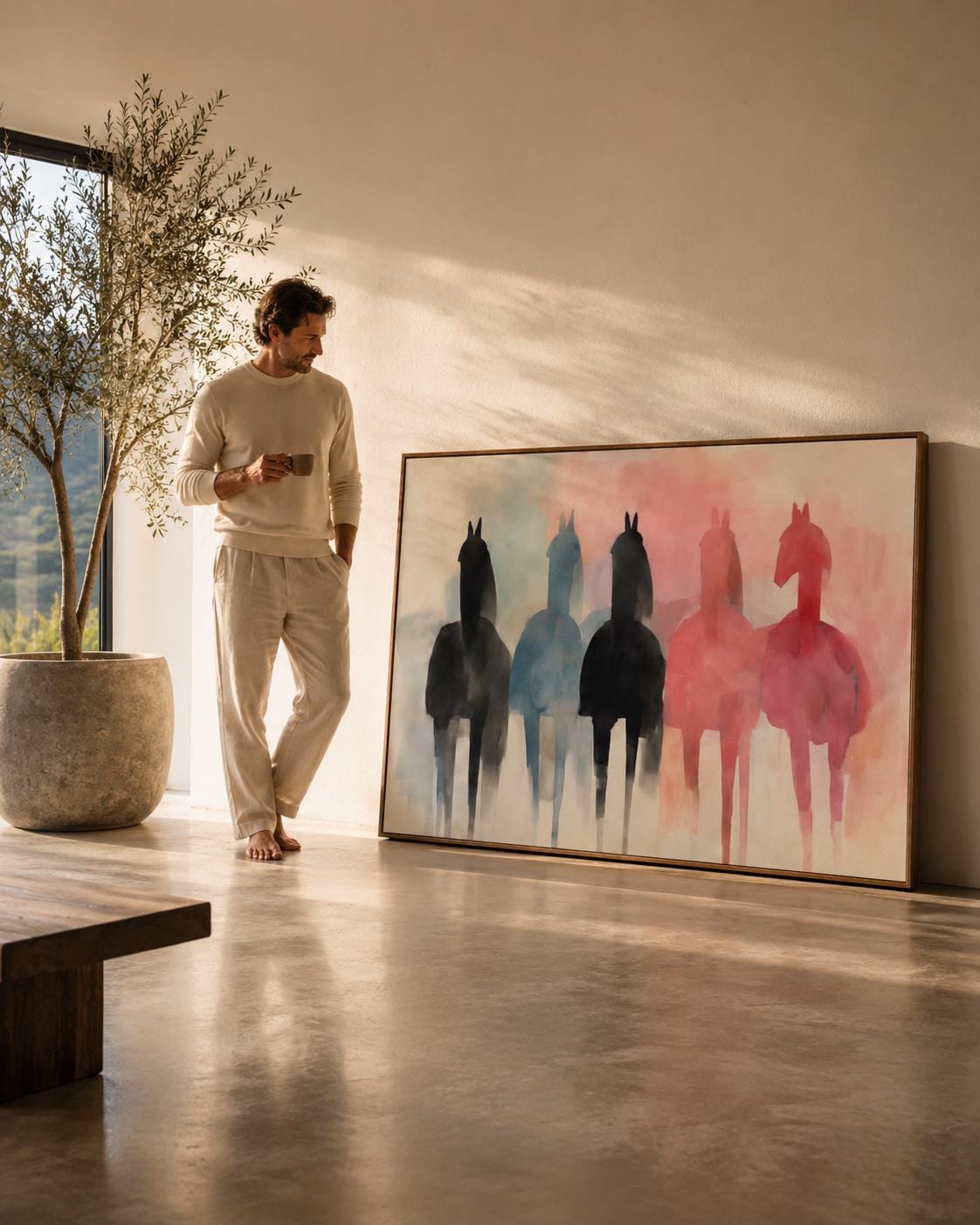 Pastel ombre artwork showing a layered row of horse silhouettes in dusty blue and blush pink
