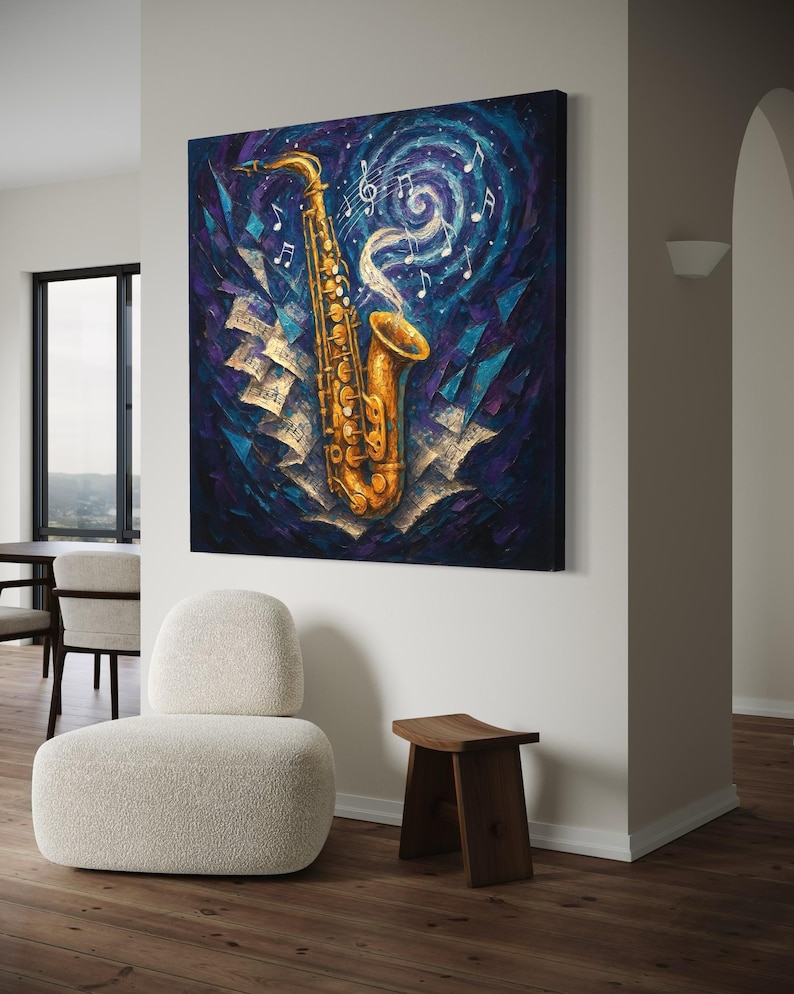 Abstract saxophone in warm gold with musical notes over swirling deep blue and purple background