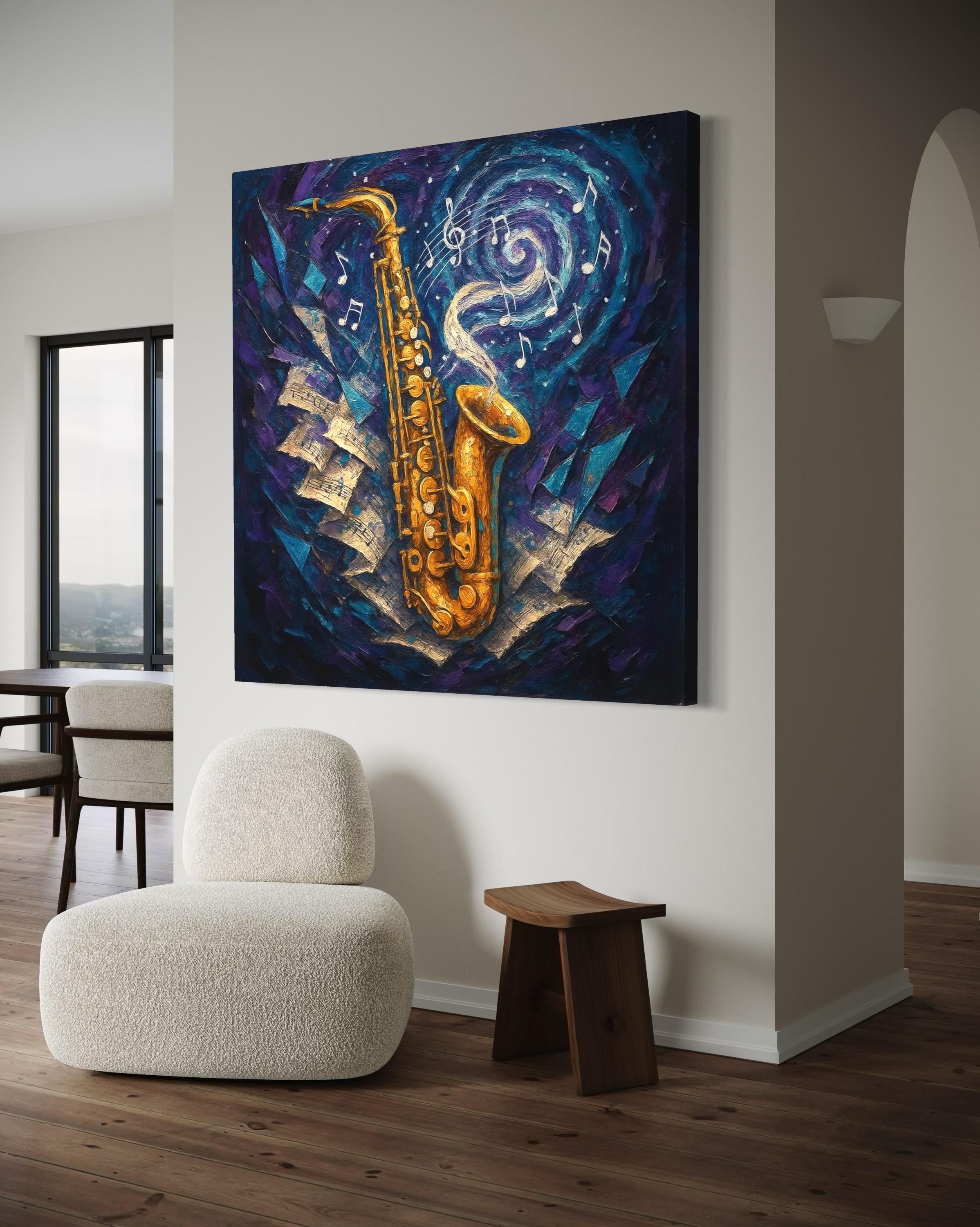 Abstract saxophone in warm gold with musical notes over swirling deep blue and purple background