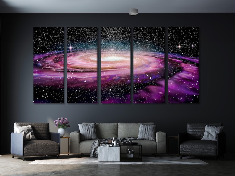 Starry space artwork with purple and pink nebula bands and dense white stars