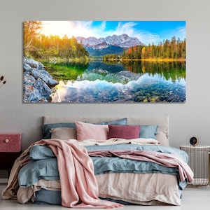 Grande impressão em tela do Lago Eibsee, arte de parede dos Alpes da Baviera, arte de paisagem de outono da Alemanha em tamanho grande para decoração de parede acima da cama inspirada na natureza