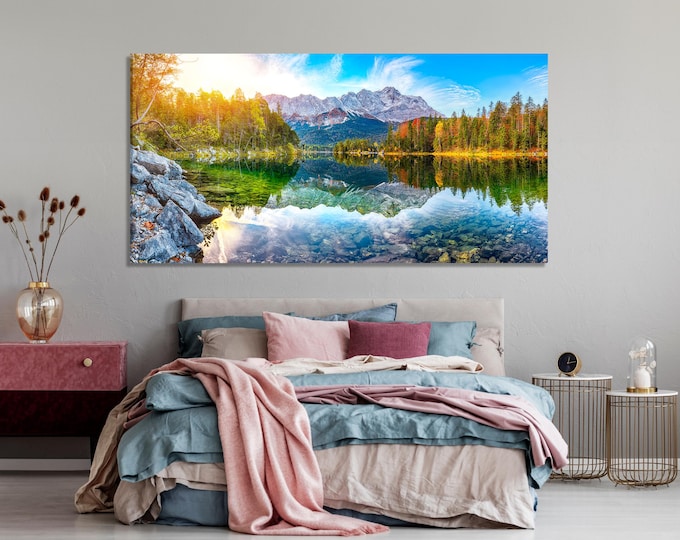 Large Eibsee Lake Canvas Print, Bavarian Alps Wall Art, Oversized Germany Autumn Landscape Artwork for Nature-Inspired Above Bed Wall Decor