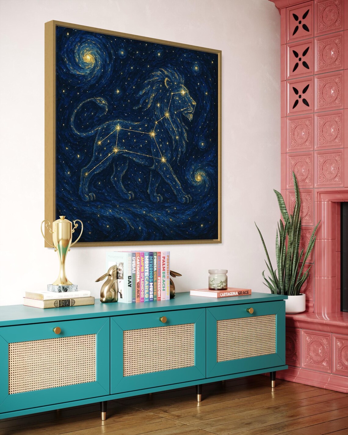 Artwork of a gold constellation lion head in a deep navy starry background above a sideboard