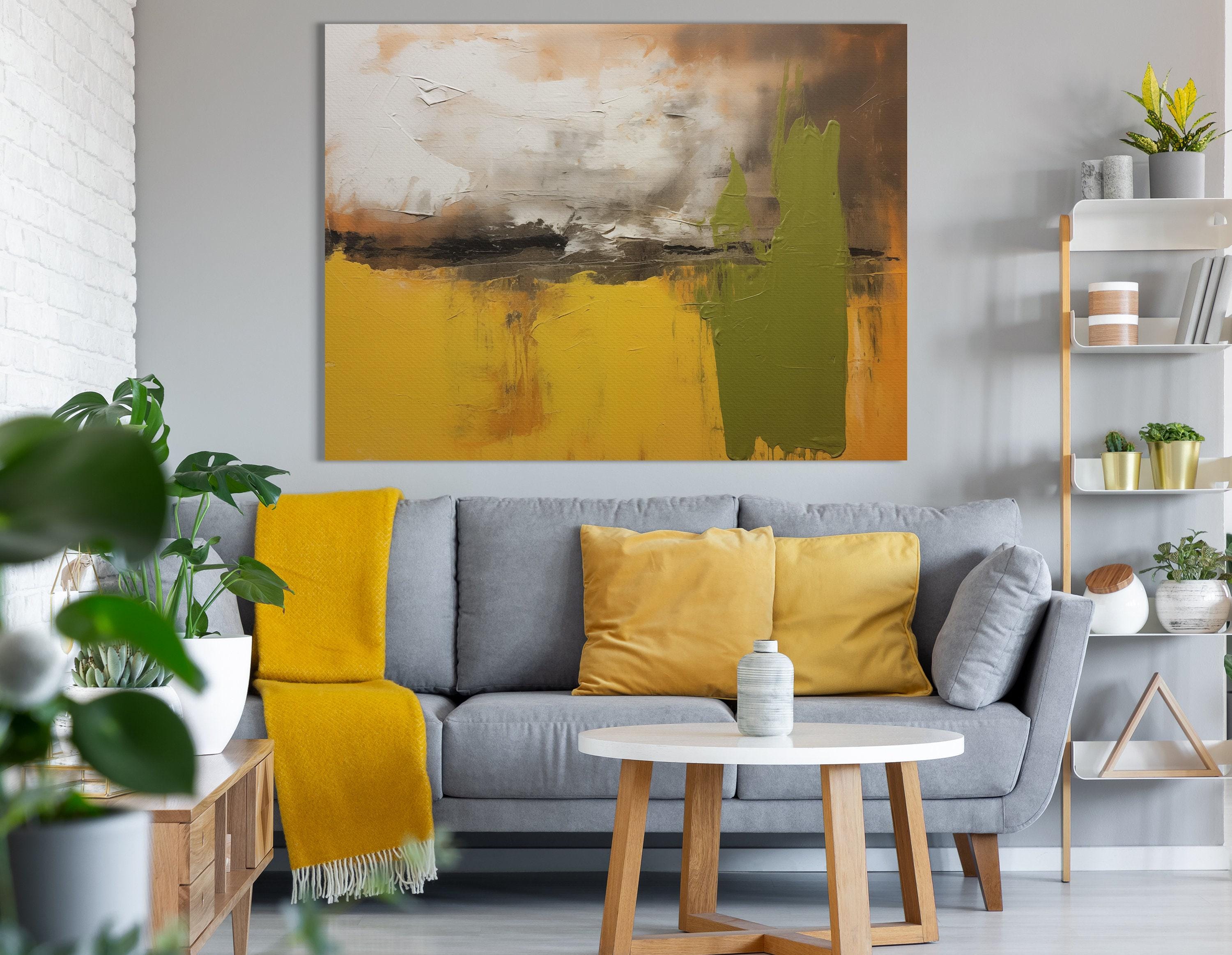 Abstract painting in mustard yellow, olive green, cream and dark charcoal with textured brush marks detail view
