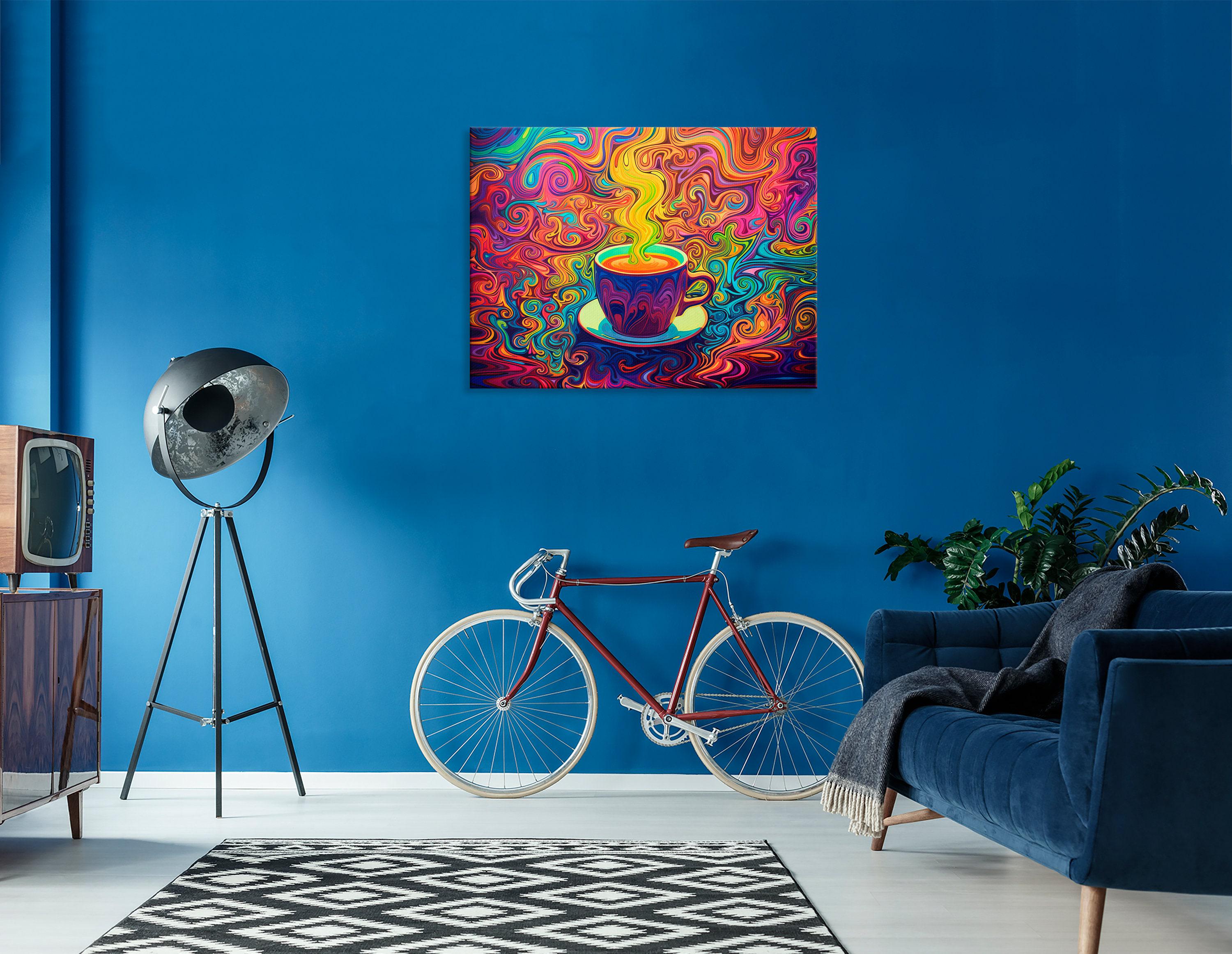 A vivid neon swirl illustration shows a purple coffee cup with rainbow steam, surrounded by tightly curling ornamental patterns detail view