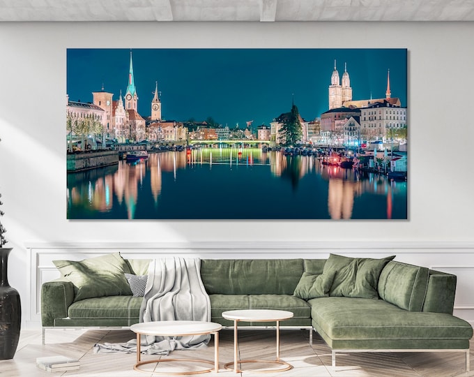 Zurich Cityscape Canvas Print, Large Night Skyline Wall Art, Illuminated Swiss City Artwork, Modern Urban Art Print, Scenic Wall Decor