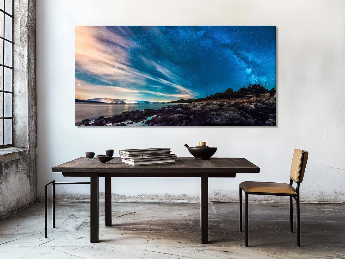 Room mockup with three Milky Way night sky coastline artworks above a bed
