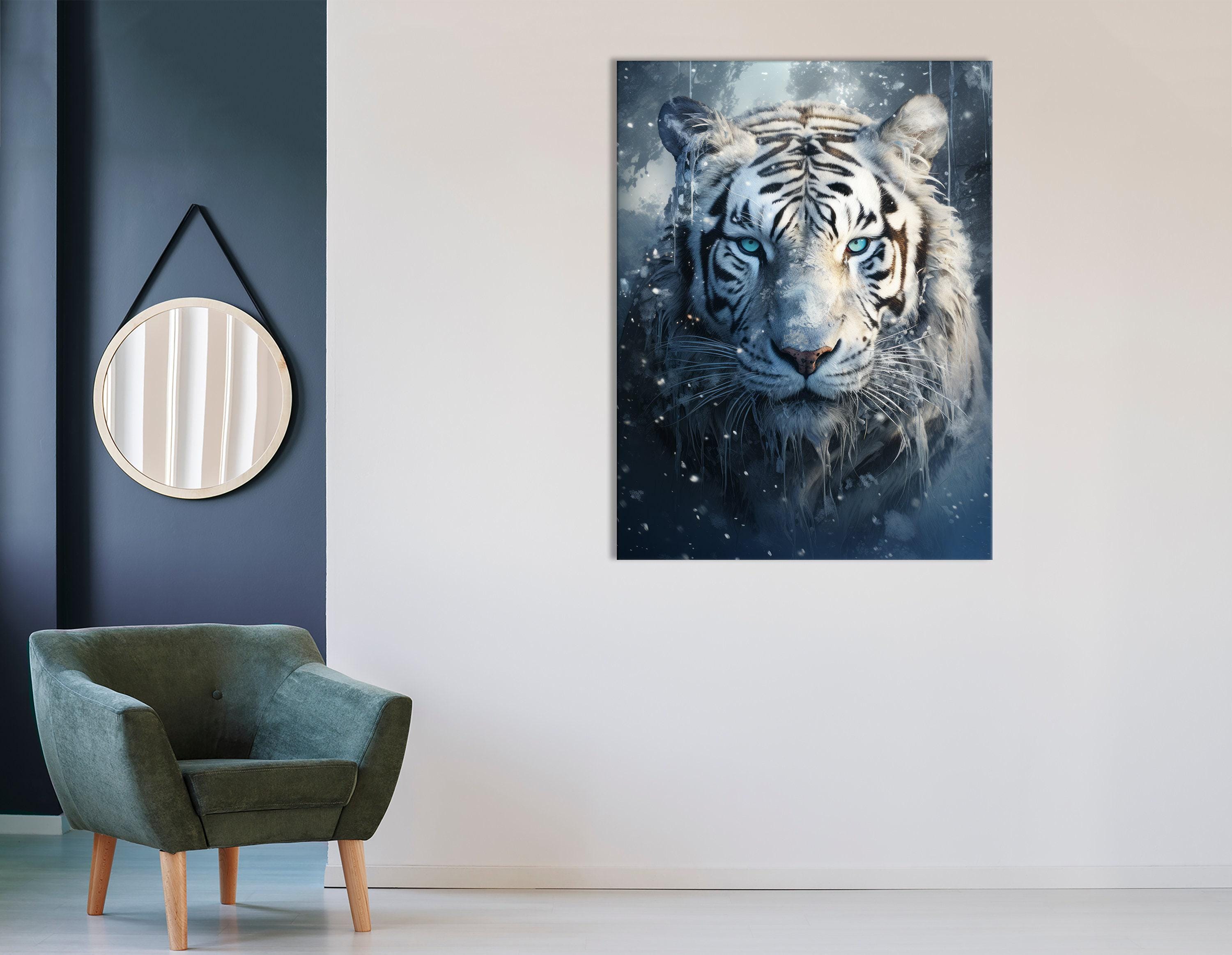 White tiger portrait with blue eyes and falling snow flecks on a dark icy blue background detail view