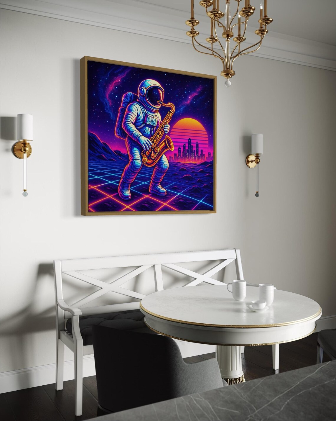Neon astronaut saxophone artwork displayed in a modern dining room