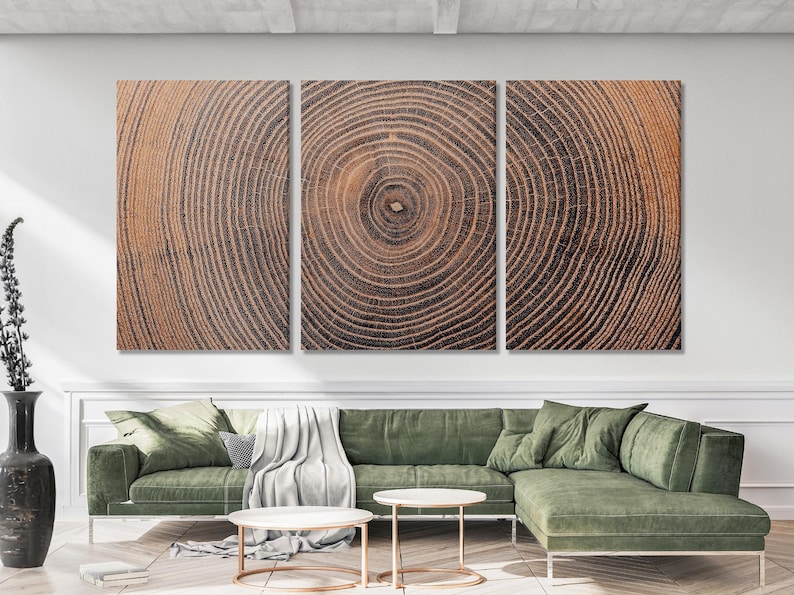 Three square panels show concentric tree-ring patterns radiating from darker centres, set within textured wood-grain lines in warm browns and black