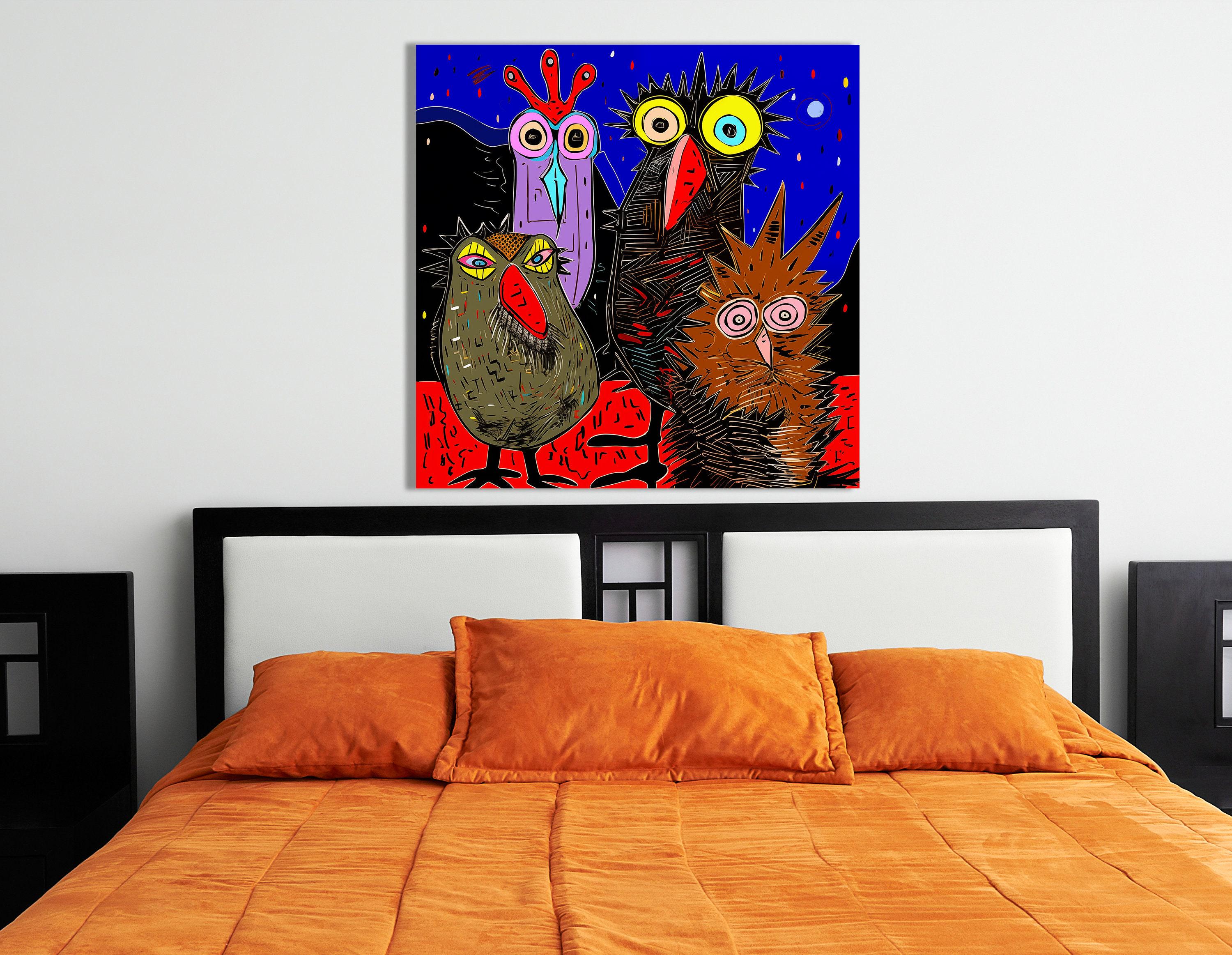 Colourful owl quartet illustration with oversized eyes on an electric blue rainy sky detail view
