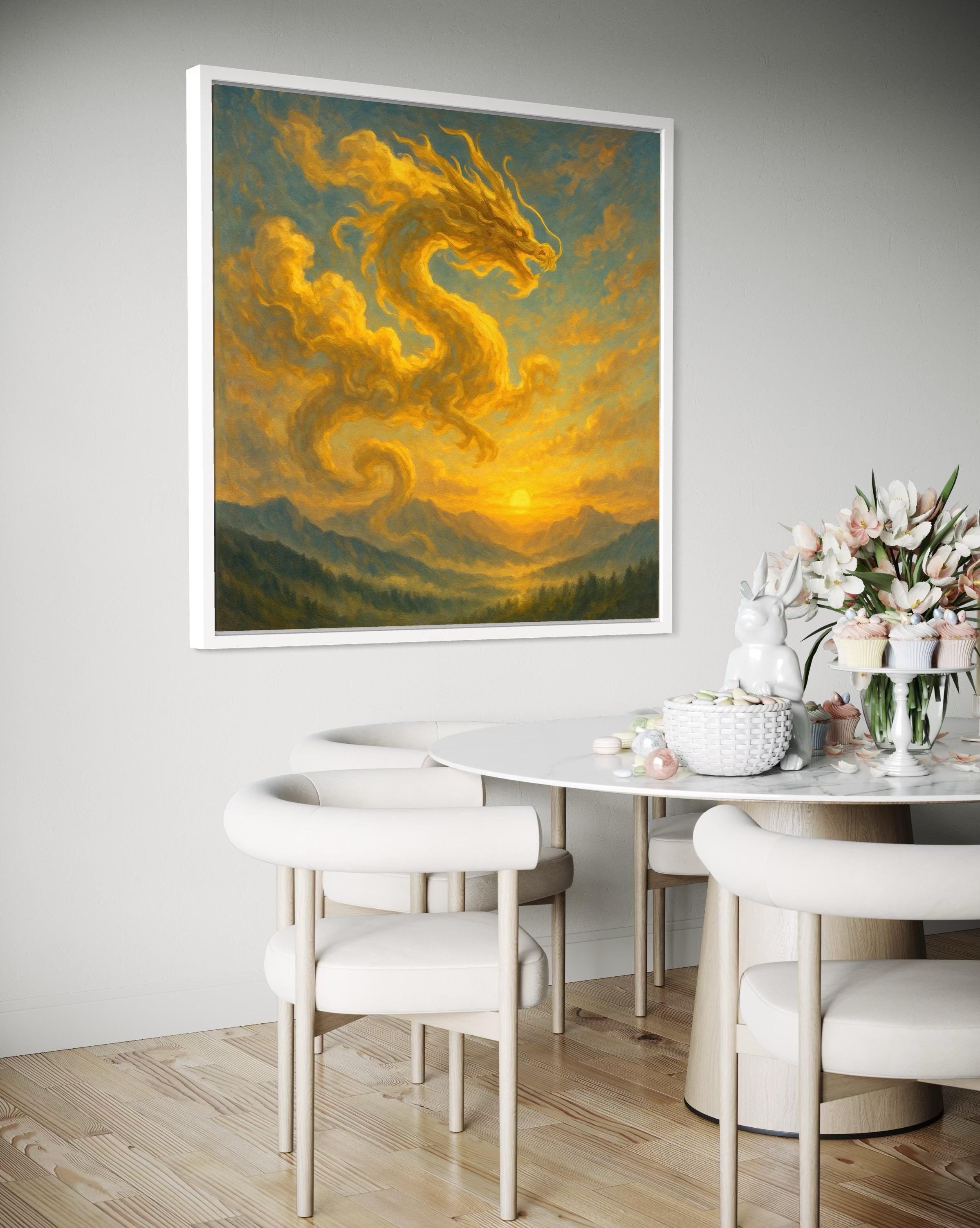 Golden dragon-like silhouette rising through amber clouds over teal mountains at sunset detail view
