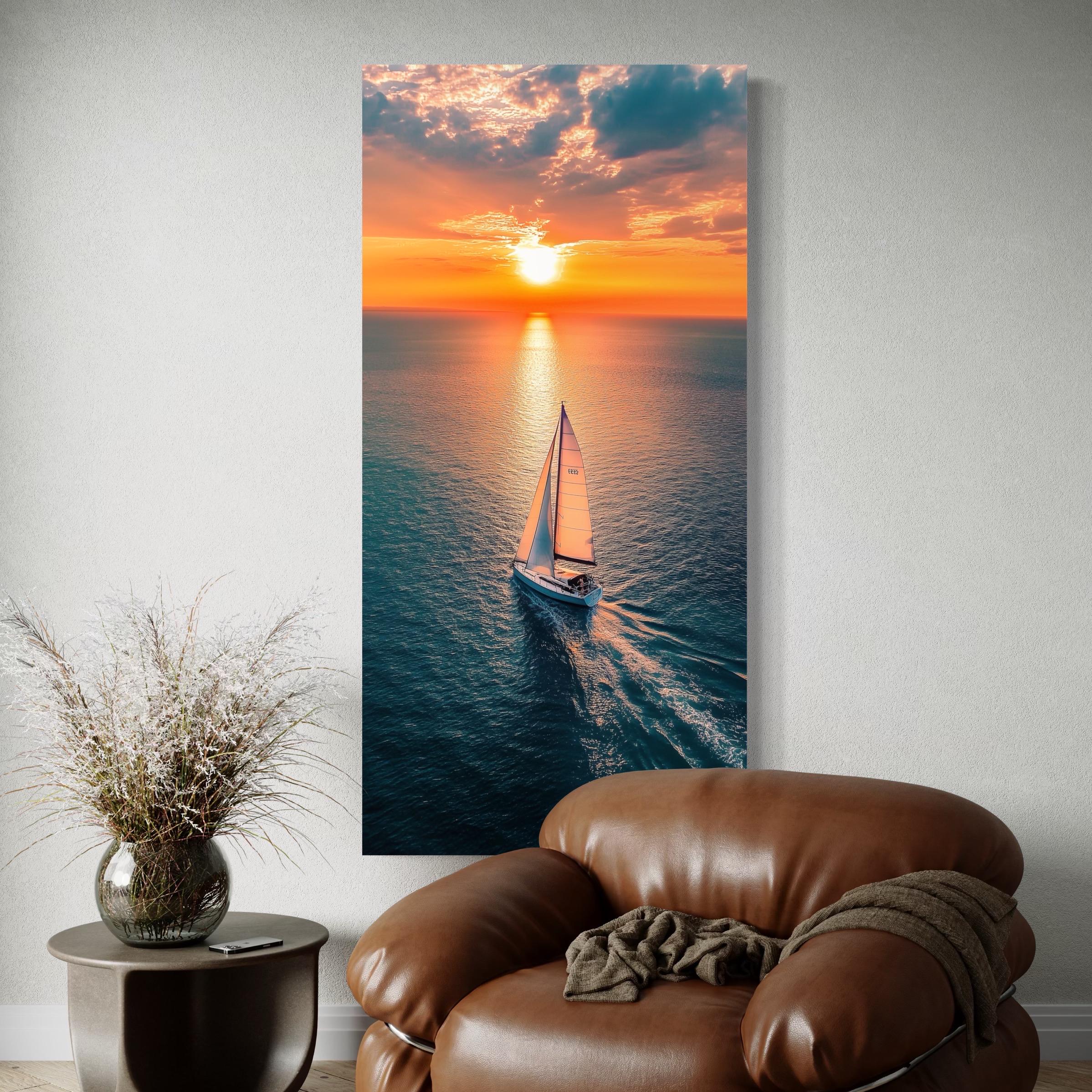 Lone sailboat on ocean water at sunset with bright sun, clouds, and golden reflections detail view