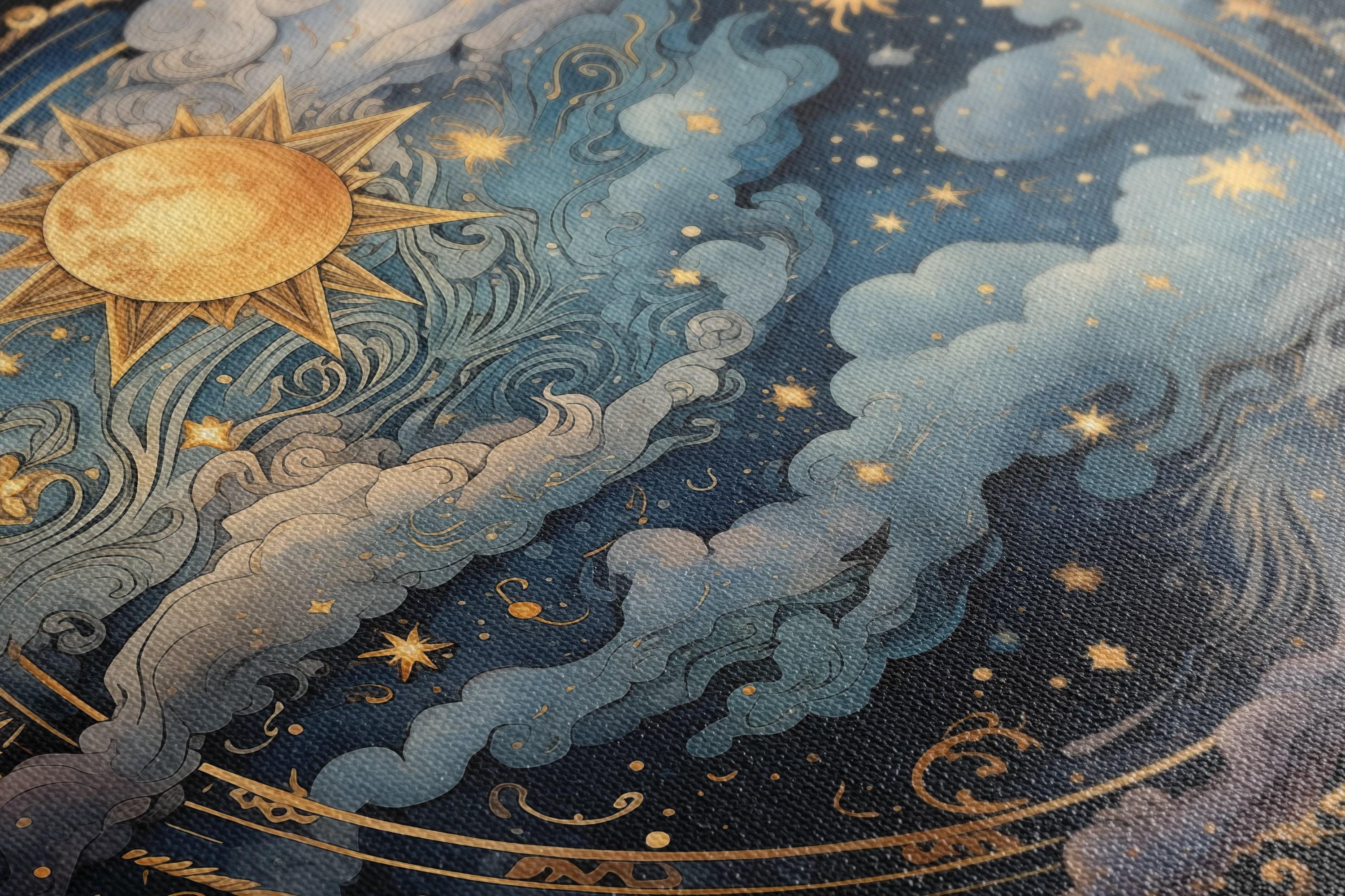 Celestial sun and moon scene with swirling clouds, stars, and gold filigree on a dark navy background detail view