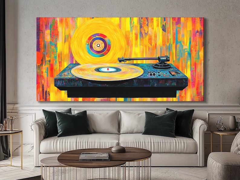 Bright abstract turntable with a spinning vinyl record, vertical paint streaks, and vivid yellow orange teal colours