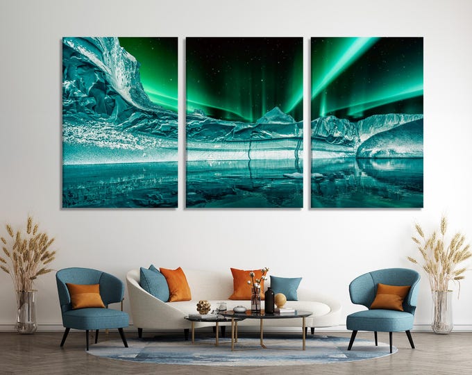 Greenland Fjord Wall Art - Northern Lights Canvas Print, Large Arctic Art Print Aurora Borealis Wall Art, Iceberg Canvas Art, Fjord Wall Art