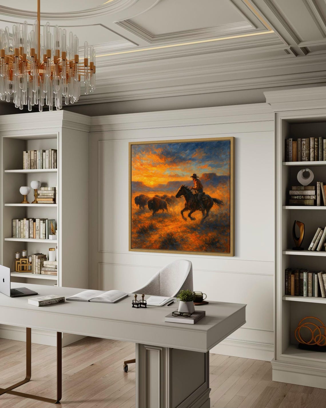Western sunset painting showing a rider on horseback herding a buffalo herd across an orange and blue sky detail view