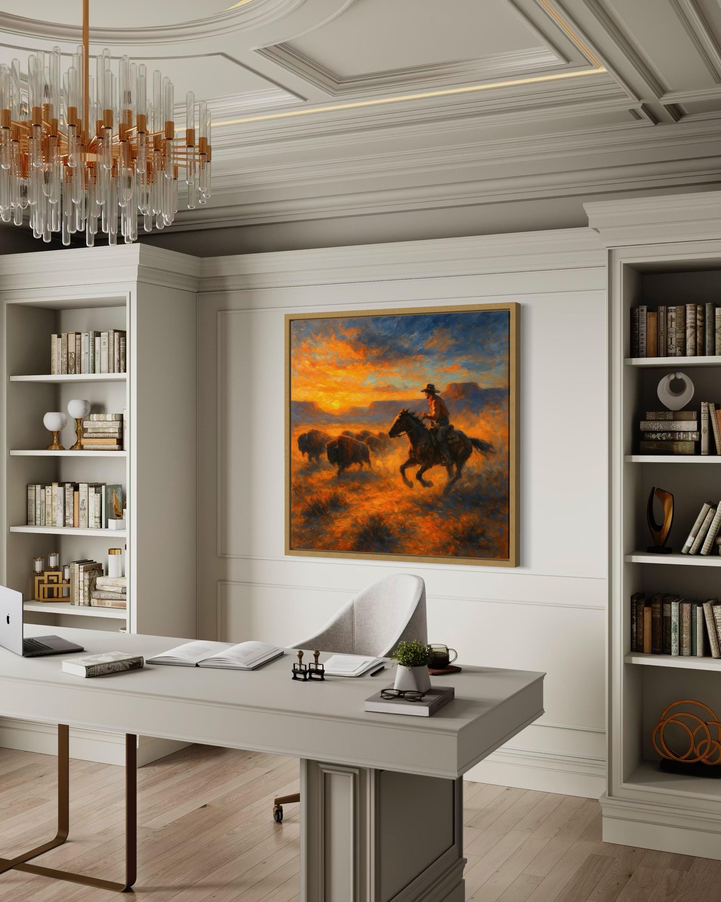 Western sunset painting showing a rider on horseback herding a buffalo herd across an orange and blue sky detail view