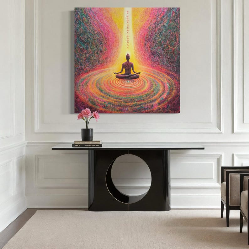 A dark meditating figure sits in a bright yellow glow with vivid swirling chakra energy patterns