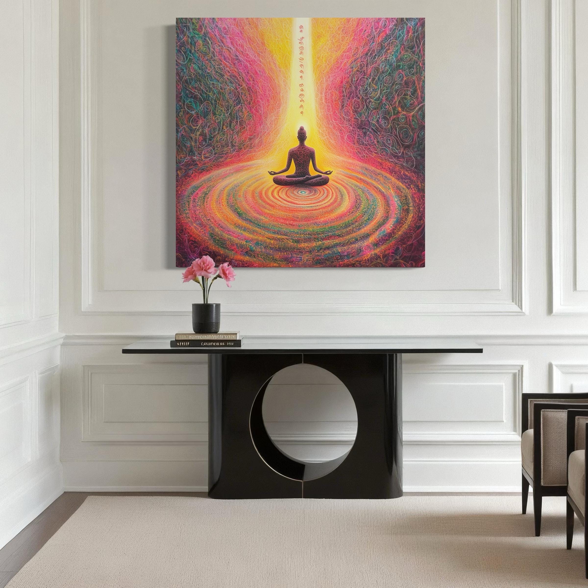 A dark meditating figure sits in a bright yellow glow with vivid swirling chakra energy patterns