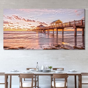 Großer Clearwater Beach Pier Leinwanddruck, Florida Sonnenuntergang Wandkunst, übergroße Seelandschaft Kunstwerk, Ocean Pier Leinwandkunst für Küstendekoration