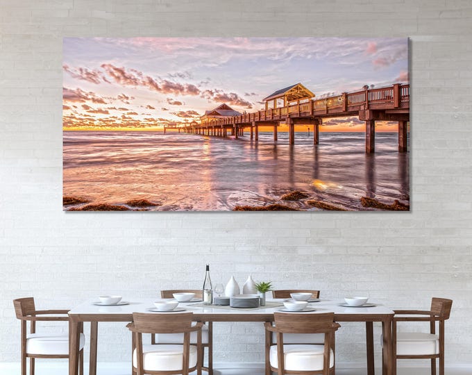 Large Clearwater Beach Pier Canvas Print, Florida Sunset Wall Art, Oversized Seascape Artwork, Ocean Pier Canvas Art for Coastal Home Decor