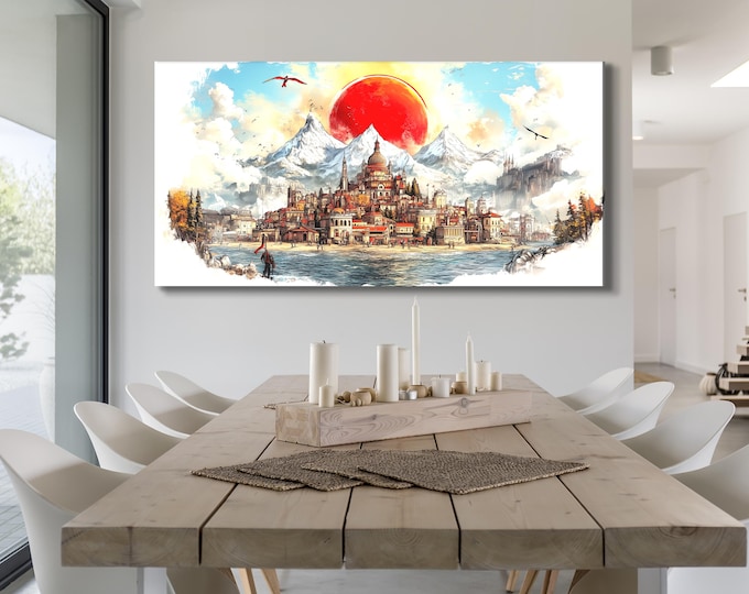 Scenic Medieval Town Wall Art Fantasy Cityscape Canvas Majestic Mountain Painting Abstract Red Sun Decor Epic Fantasy Print