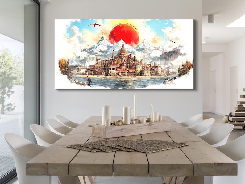A fantastical medieval town skyline sits between snow-capped mountains, under a large red sun, with birds in a bright sky and a river in the