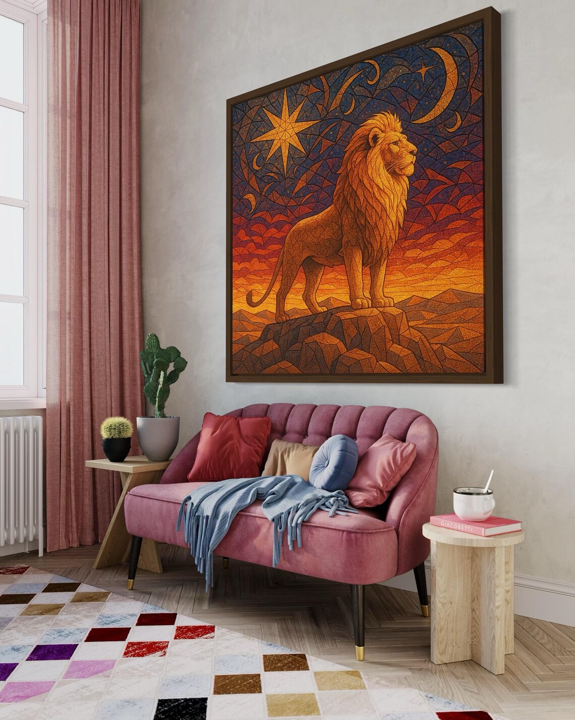 Room mockup showing a framed geometric lion sunset artwork above a sofa and table