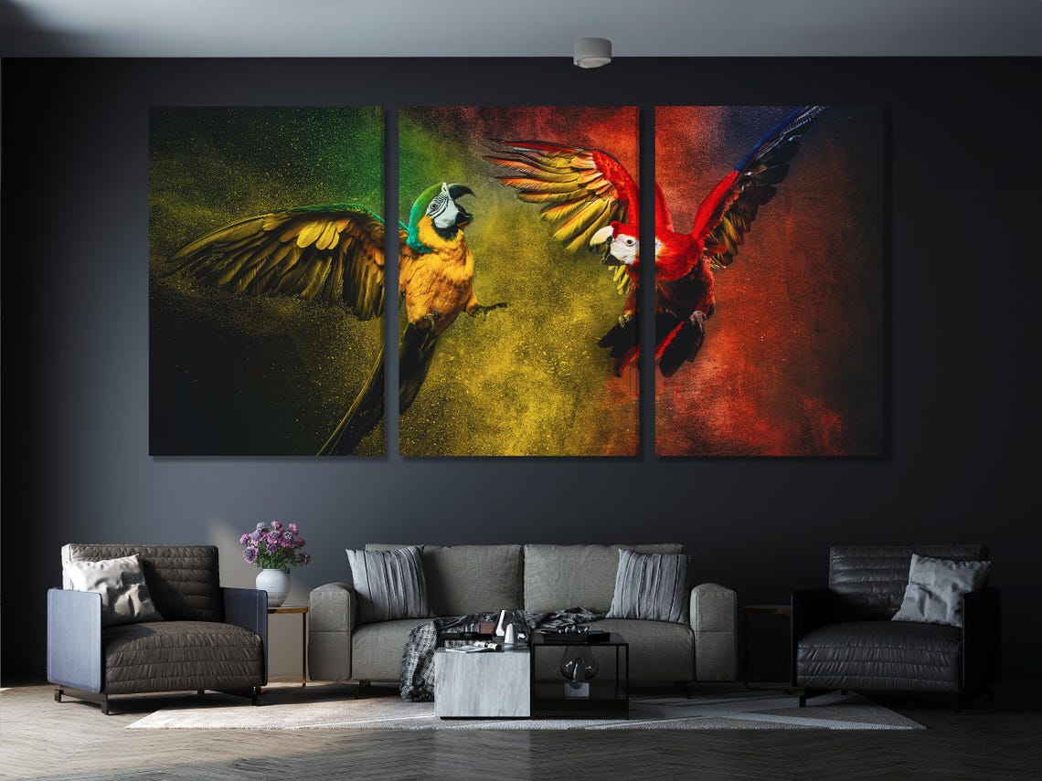 Two vividly coloured macaws fly towards each other over swirling green, yellow, red and dark speckled background detail view