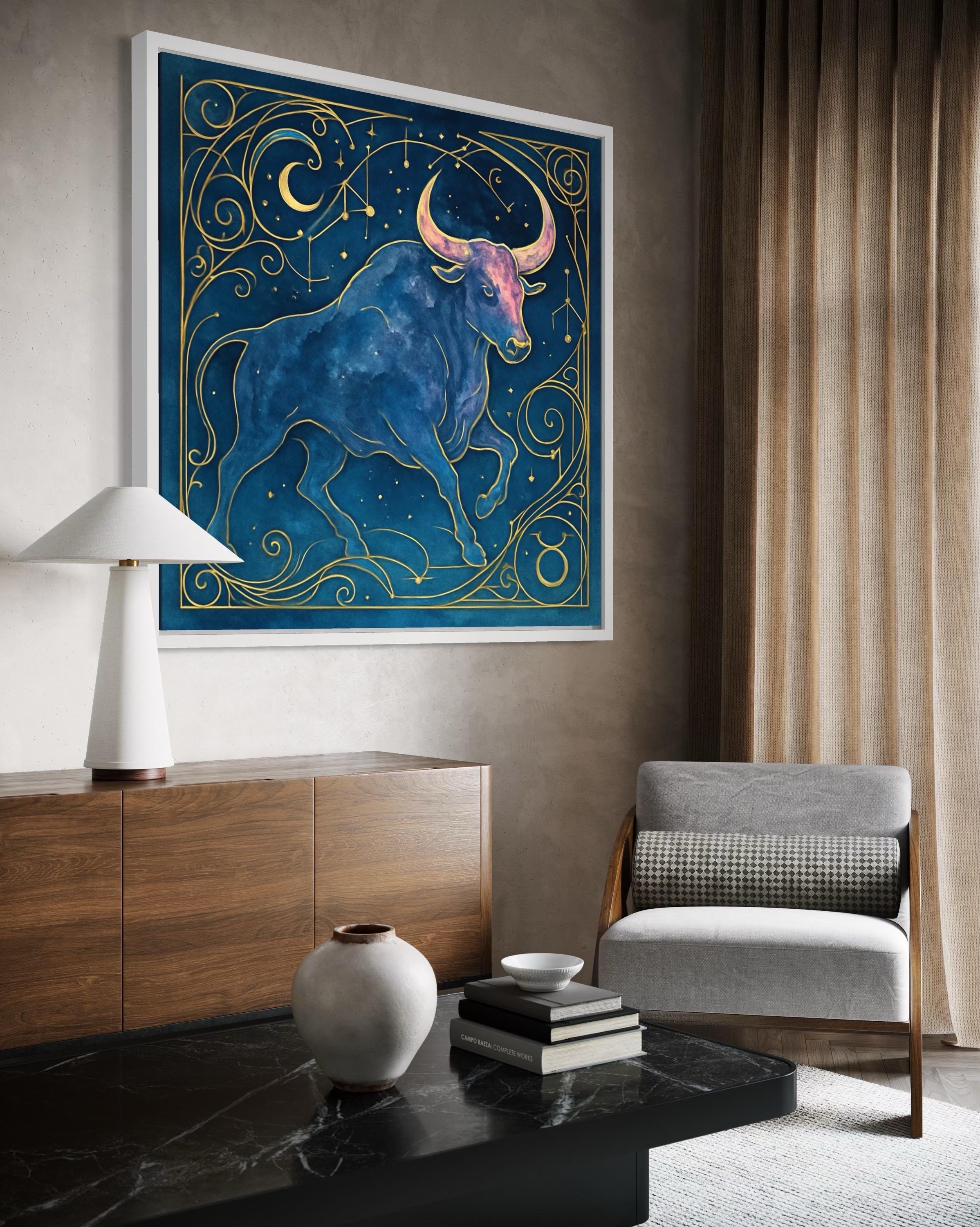 Stylised blue bull beneath a crescent moon with star dots, constellation lines, and ornate gold swirls detail view