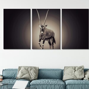 May include: A black and white tri-panel canvas print featuring a close-up of an oryx, an antelope with long, curved horns, standing in a desert landscape.