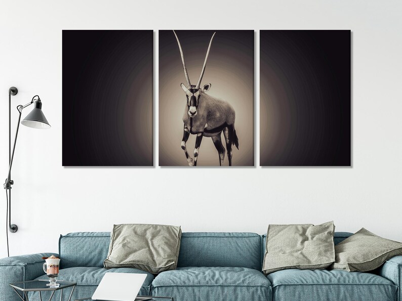 May include: A black and white tri-panel canvas print featuring a close-up of an oryx, an antelope with long, curved horns, standing in a desert landscape.