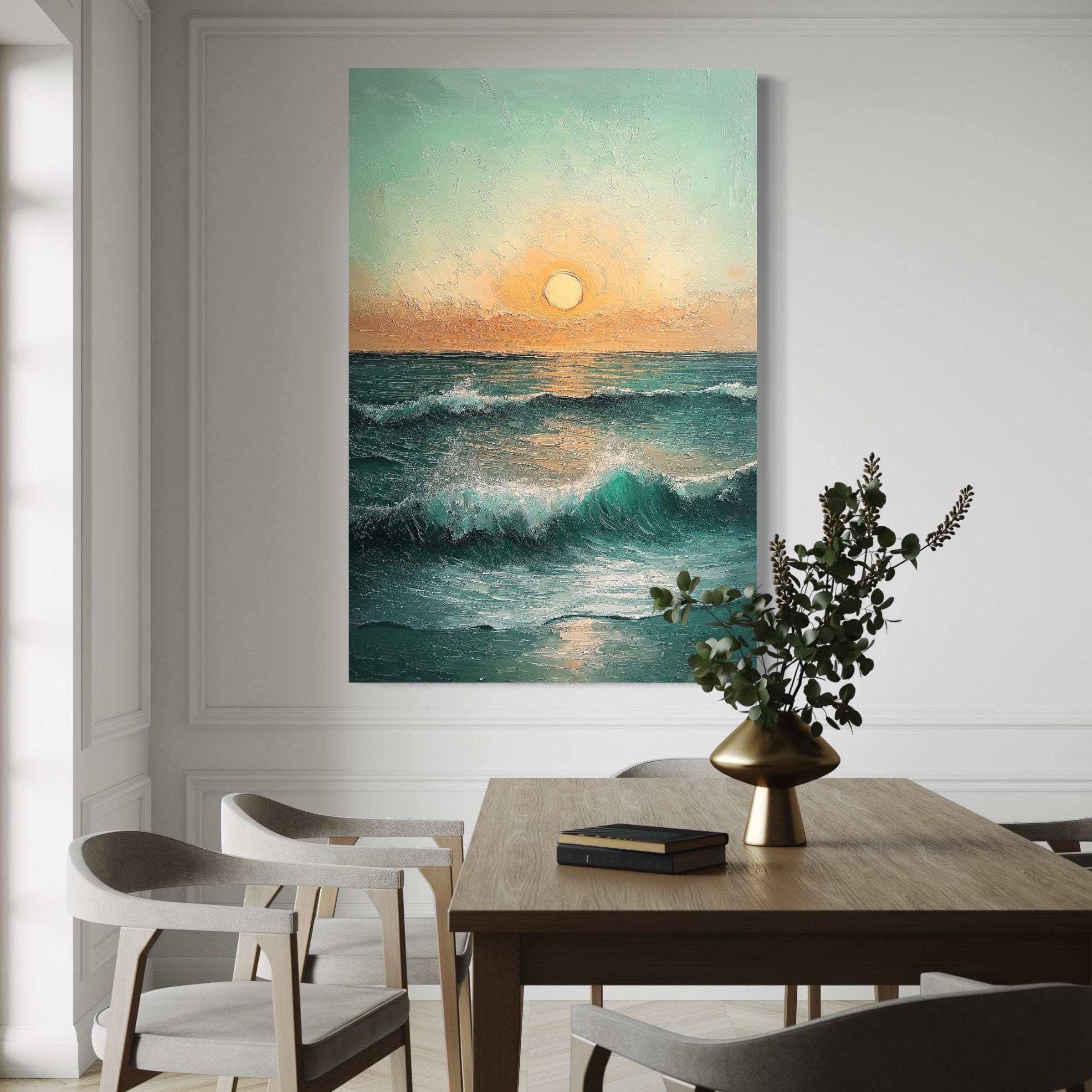 Ocean sunset seascape artwork displayed in an outdoor patio setting with seating