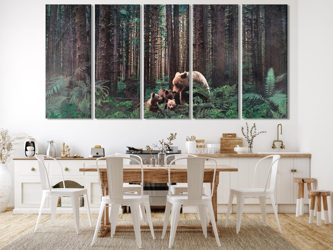 Room mockup with a three-panel woodland bear artwork above a bed