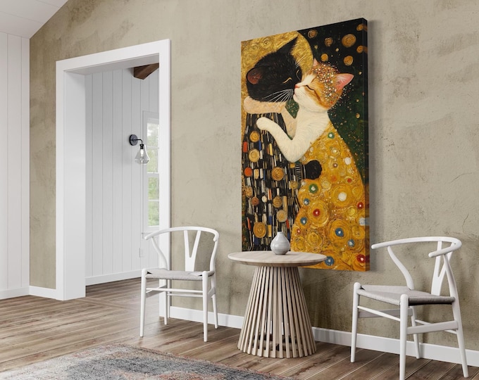 The Kiss: Cat Version Wall Art - Gustav Klimt inspired Artwork, Modern Cat Wall Art, Cat Canvas Art, Cat Lover Gift Idea, Large Cat Painting