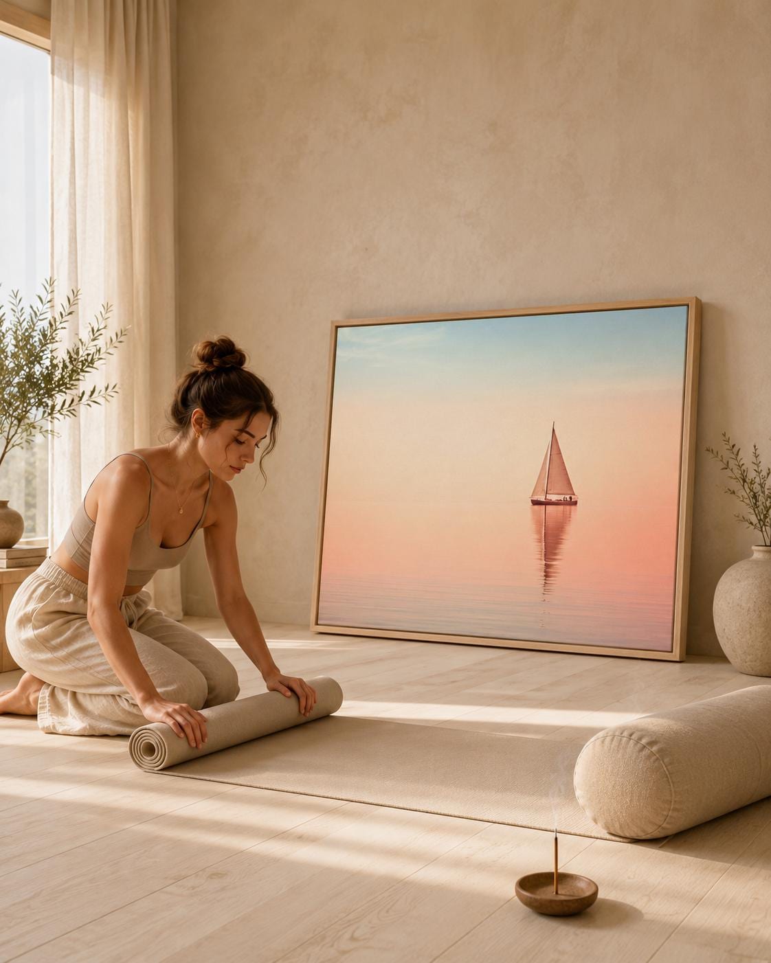 Bedroom scene with a framed pastel sailboat seascape above a bed