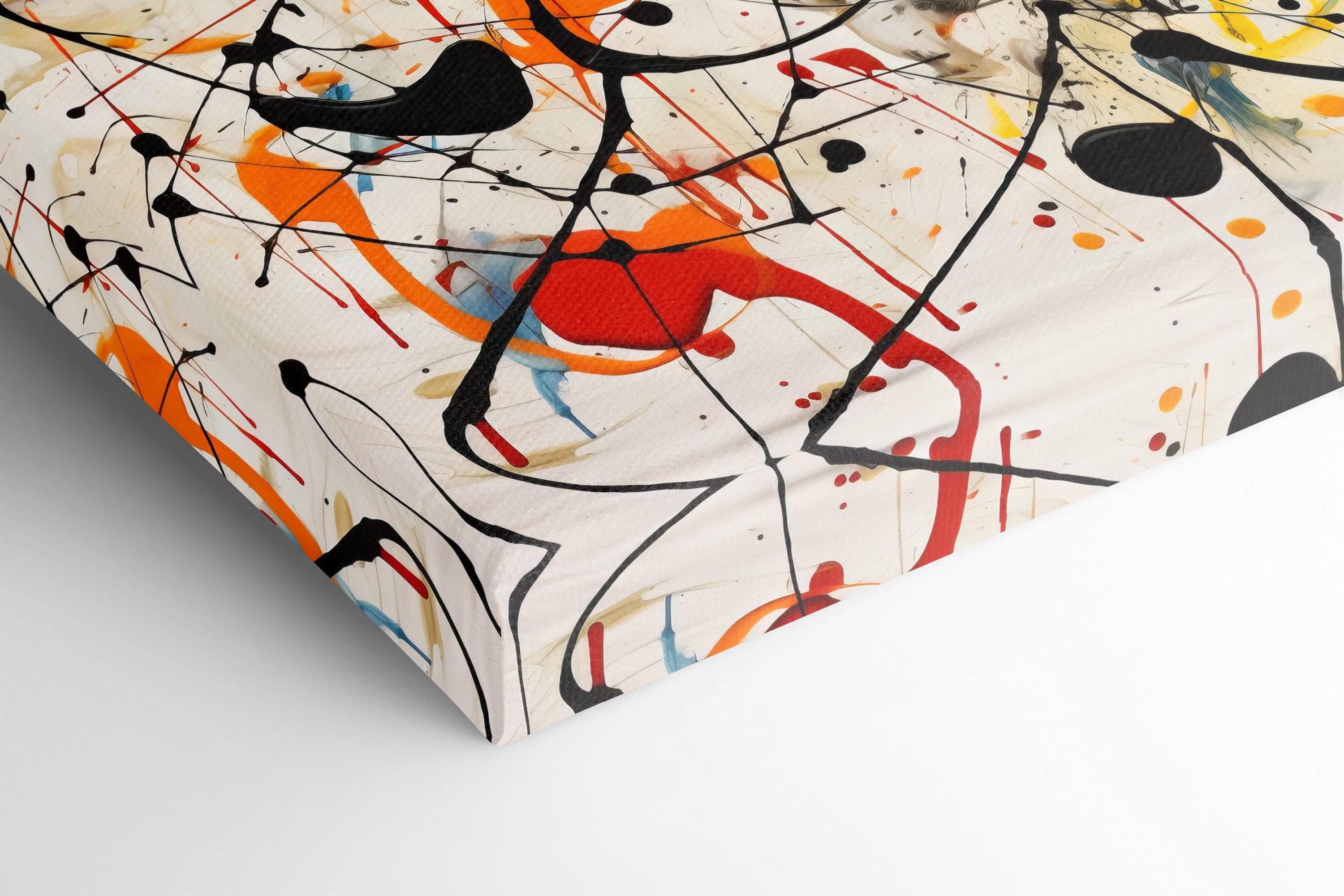 Abstract splatter artwork with black looping lines and red, orange, yellow and blue paint bursts on a white background detail view