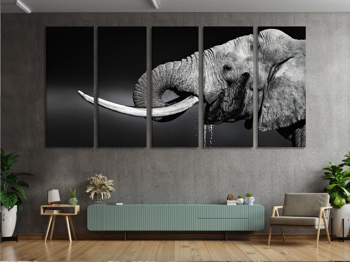 Room mockup showing a monochrome elephant artwork above a sofa