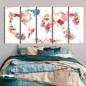 Weltkarte Weltkarte Wand Kunst Abstrakte Kunst Drucke Weltkarte Dekor Bunte Blumen Druck Home Interior Weltkarte Kunst