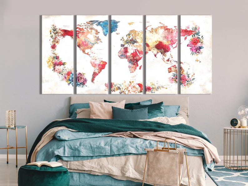World map artwork with red and blue continents and floral rose bouquets on a cream background
