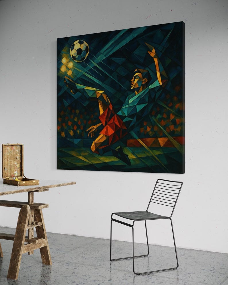 Geometric low-poly soccer scene with a yellow-and-black ball and a mid-kick player in teal, navy and red tones