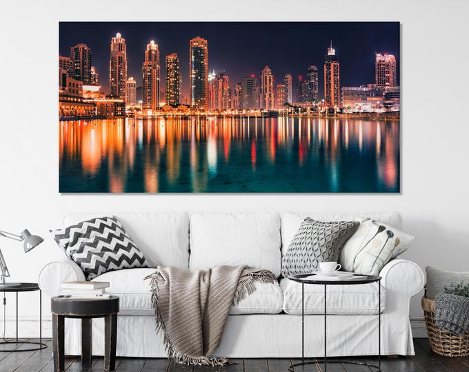 Dubai Skyline at Night Canvas Print – Vibrant Cityscape Wall Art, Modern Urban Dubai Artwork, Modern Cityscape Wall Art for Home & Office