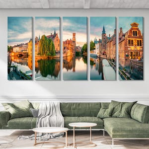 Paisagem urbana de Bruges - Bélgica Impressão em tela, grande arte de parede de arquitetura europeia Fotografia do pôr do sol em Bruges, arte extragrande inspirada em viagens
