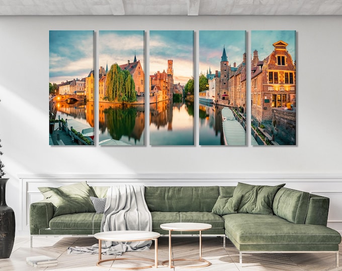 Bruges Cityscape - Belgium Canvas Print, Large European Architecture Wall Art Bruges Sunset Photography, Extra Large Travel-Inspired Artwork