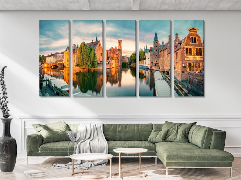 Split vertical cityscape showing a canal, bridge, spires, buildings and reflections at sunset