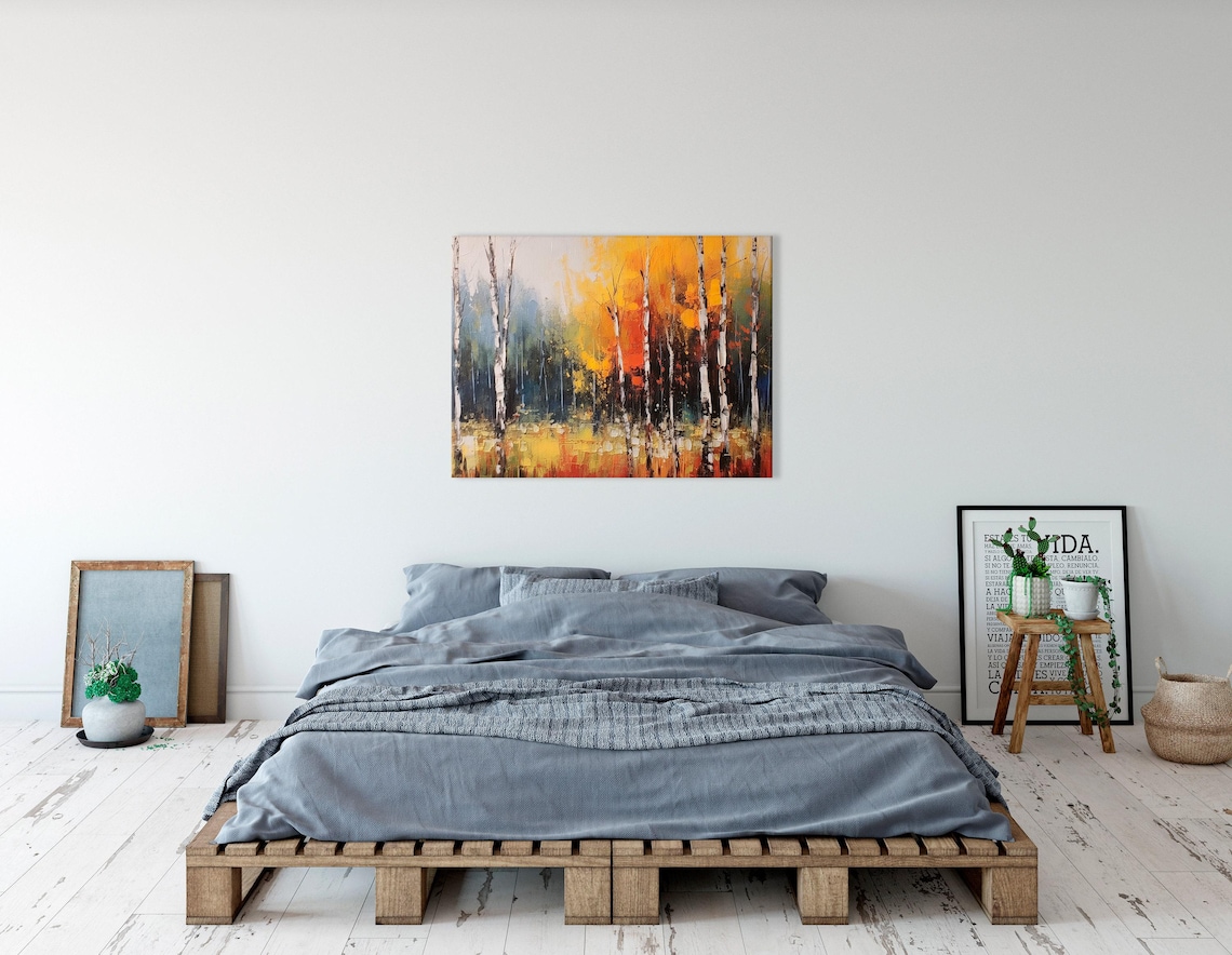 Autumn forest painting with tall pale birch-like trunks in gold, orange and teal tones detail view