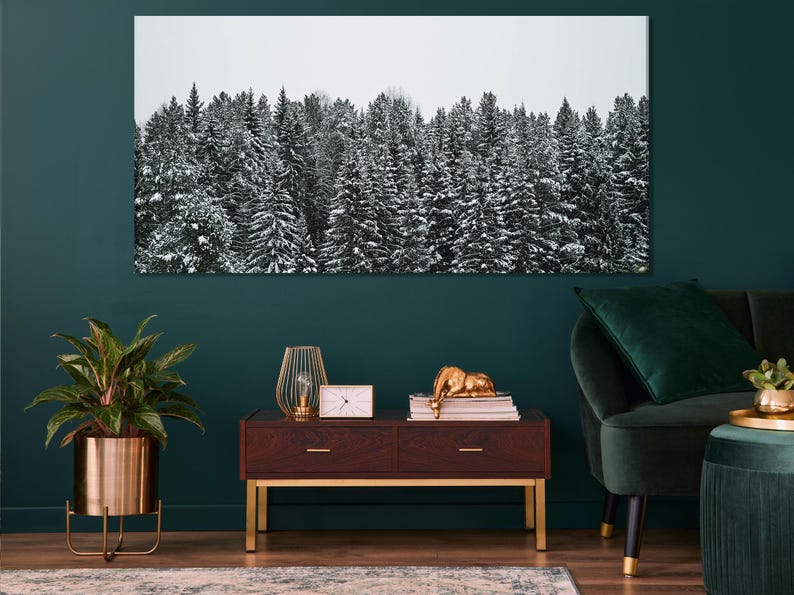 Snowy conifer forest with dark pine trees dusted in white and a pale winter sky