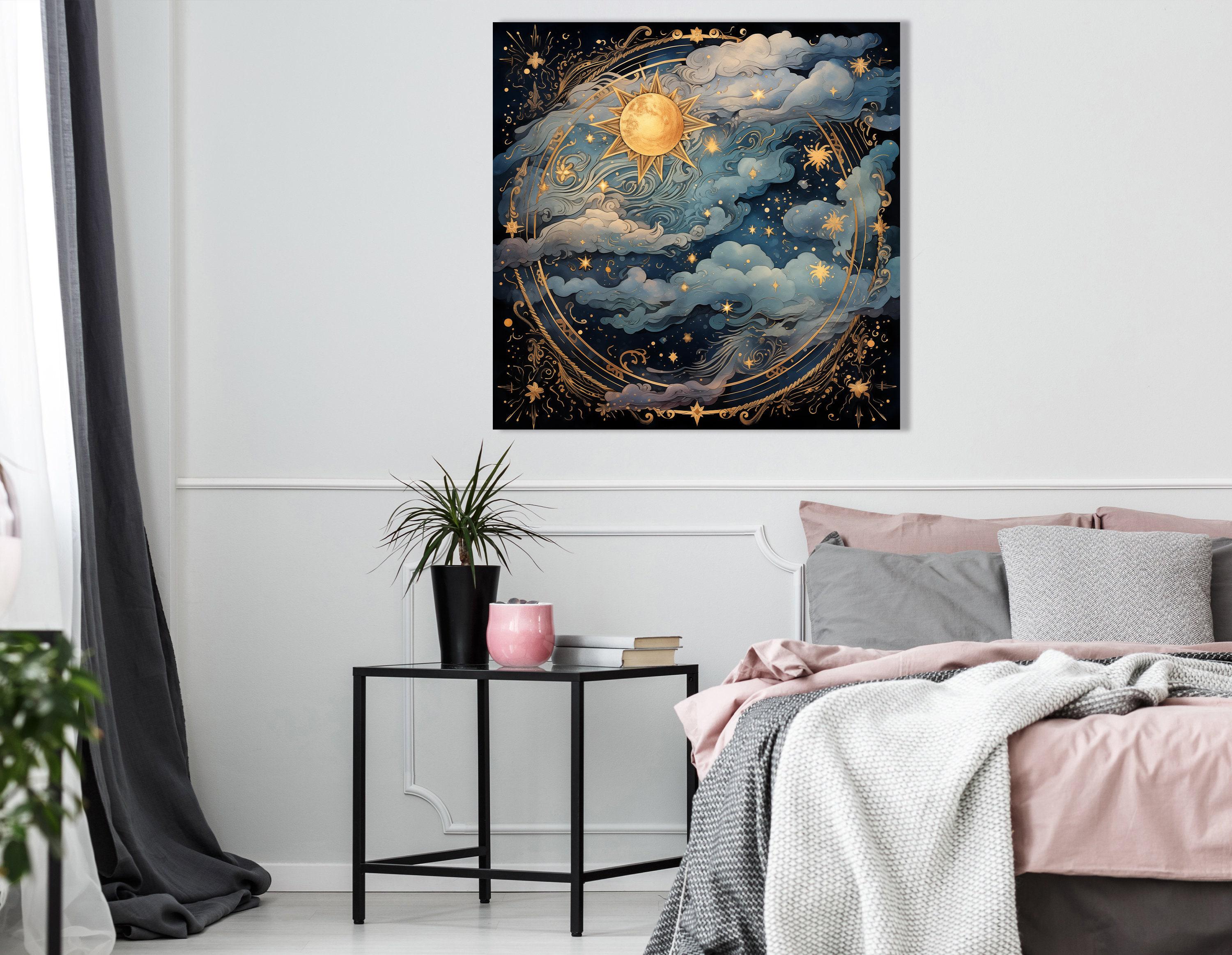 Celestial sun and moon scene with swirling clouds, stars, and gold filigree on a dark navy background detail view