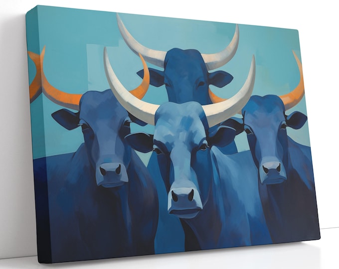 Blue Longhorn Herd Canvas Art – Modern Western Steer in Cobalt Teal with Orange Horns, Ranch Wall Decor for Man Cave Bar, Gift for Rancher